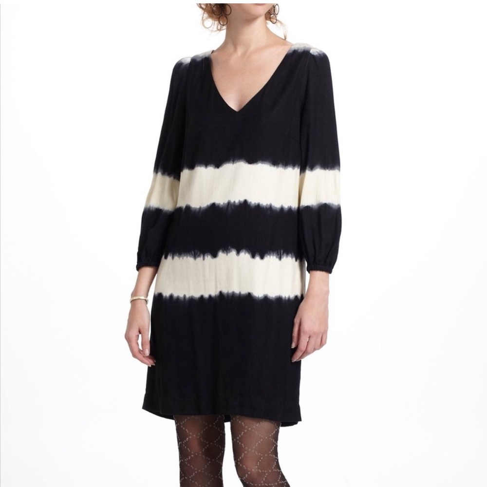 Anthro Floreat Black Ink Wash Tie Dye Stripe Long Sleeve Shift‎ Dress 8